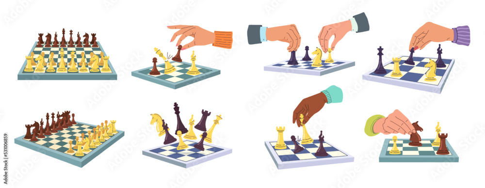 Chess game illustrations. Hands of chess players with pawn, knight and king figures. Business strategies and teamwork concept vector set