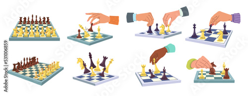 Chess game illustrations. Hands of chess players with pawn, knight and king figures. Business strategies and teamwork concept vector set