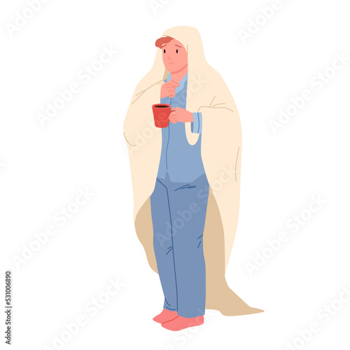 Sad man wrapped in blanket holding cup of hot drink vector illustration. Cartoon isolated male character with coffee or tea mug suffering from low temperature, standing with plaid to keep warm