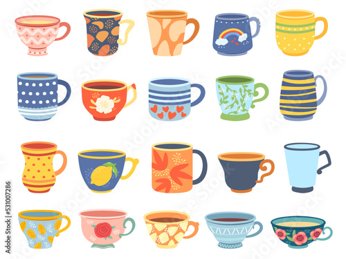 Cartoon cups. Vintage english teacup, coffee cup and kitchen mug. Tea ceremony vector Illustration set