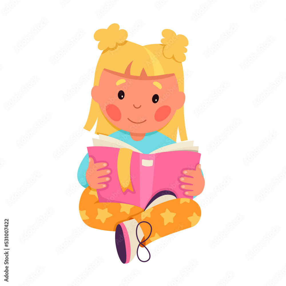 Cute little girl reading book vector illustration. Cartoon isolated happy child with blonde hair holding open paper book with bookmark and pink cover to read, beautiful baby princess learning Cute little girl reading book vector illustration. Cartoon isolated happy child with blonde hair holding open paper book with bookmark and pink cover to read, beautiful baby princess learning
