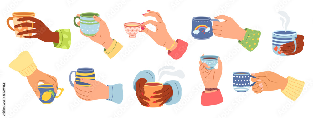 Fototapeta premium Hands with cups. Cartoon hand holding coffee cup, mug with hot drink and teacup vector illustration set