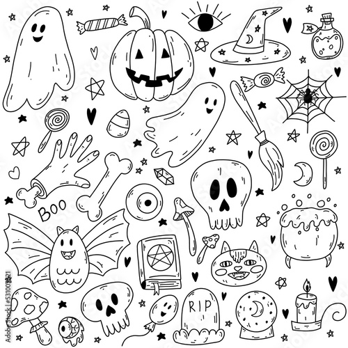 Hand drawn doodle vector cartoon set of Halloween objects and symbols. Sketch of ghost, pumpkin, bone, poison, skull, spell book, cat, candle, bat, grave
