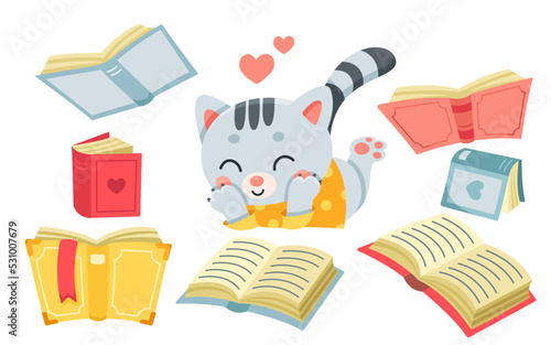 Cute cat reading book vector illustration. Cartoon isolated baby kitten lying near open storybook with hearts and happy kawaii face to read literature for education, study of smart animal character