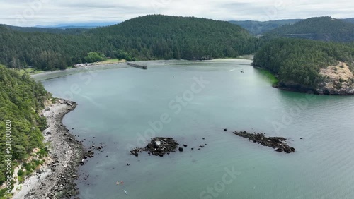 Aerial view of Bowman Bay on an overcast day in the PNW. photo