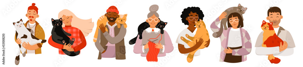 Owners holding cats set cartoon isolated portraits of happy young and old characters hold and hug cute domestic animals, man and woman carrying little kitty on shoulders