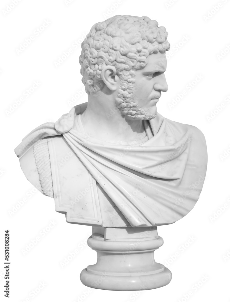 Fototapeta premium Ancient white marble sculpture bust of Caracalla. Marcus Aurelius Severus Antoninus Augustus known as Antoninus. Roman emperor. Isolated on a white background with clipping path