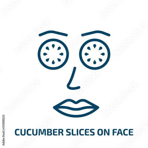 cucumber slices on face icon from beauty collection. Thin linear cucumber slices on face, cucumber, face outline icon isolated on white background. Line vector cucumber slices on face sign, symbol for
