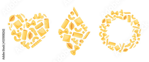 Pasta icons. Heart shape poster, diamond shape and circle frame with macaroni vector background set
