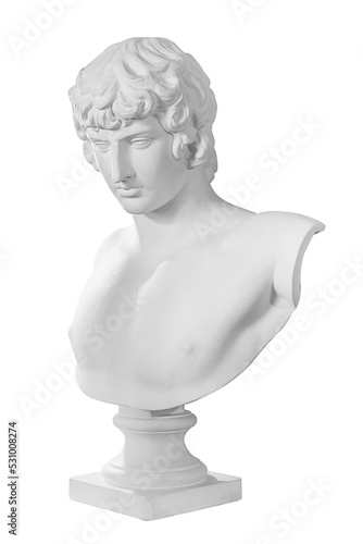 Gypsum copy of famous ancient statue Antinous bust isolated on a white background with clipping path. Plaster antique sculpture young man face. Renaissance epoch. Portrait photo