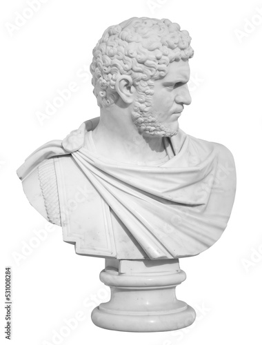 Ancient white marble sculpture bust of Caracalla. Marcus Aurelius Severus Antoninus Augustus known as Antoninus. Roman emperor. Isolated on a white background with clipping path photo