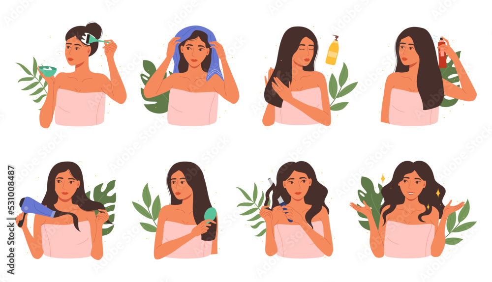 Hair care. Girl applying beauty caring products, blow dry hair and ...