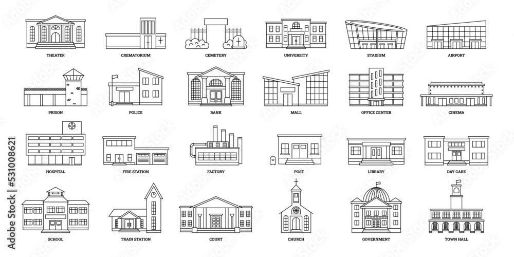 Line art government buildings. University exterior, city hospital and bank building. Town architecture office center