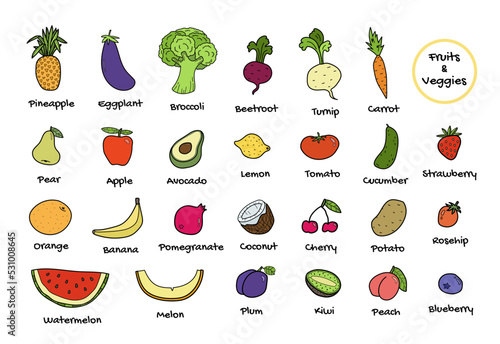 Different fruits and vegetables table vector icon set. Cartoon doodle style fruits, berries and veggies with designations of its names colorful bright vector illustration for children education.