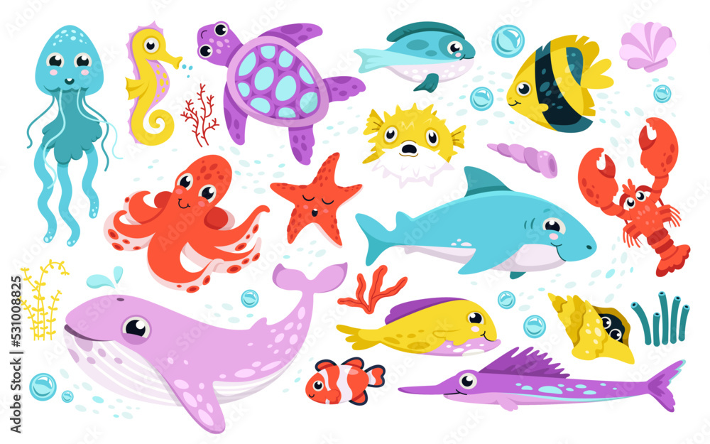 Cartoon isolated funny aquatic characters, happy whale and octopus,  swimming seahorse and tortoise, clownfish smiling. Cute fishes and  underwater animals, nature of sea Stock Vector | Adobe Stock