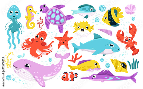 Cartoon isolated funny aquatic characters, happy whale and octopus, swimming seahorse and tortoise, clownfish smiling. Cute fishes and underwater animals, nature of sea