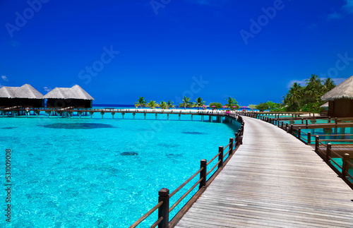Fototapeta Naklejka Na Ścianę i Meble -  Landscape on Maldives island, luxury water villas resort and wooden pier. Beautiful sky and ocean and beach with palms background for summer vacation holiday and travel concept. Luxury travel.