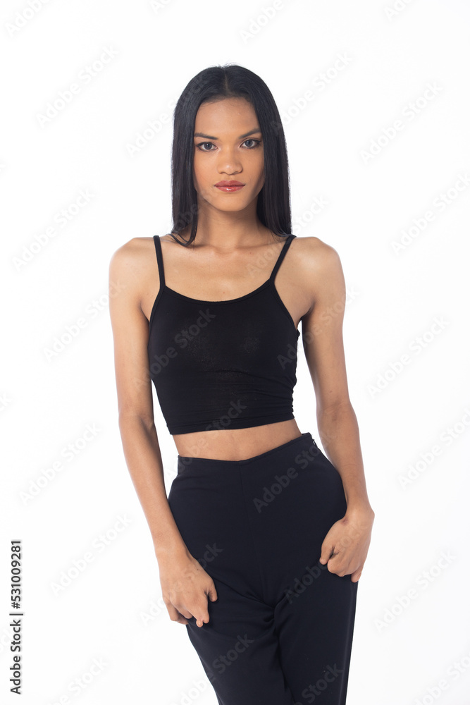 Half body tanned skin women with disability of young adult stand confident happy, white background isolated. Asian female long straight hair smile cheerful in black shirt dress pant high heel shoes Half body tanned skin women with disability of young adult stand confident happy, white background isolated. Asian female long straight hair smile cheerful in black shirt dress pant high heel shoes