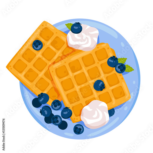 Breakfast sweet food, waffles on plate vector illustration. Cartoon isolated tasty baked Belgian waffles with blueberry and cream, top view of delicious morning meal and yummy crispy wafer dessert