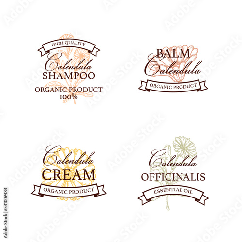 Set of hand drawn vintage calendula product logo designs. Vector illustration in sketch style. Can be used for packaging