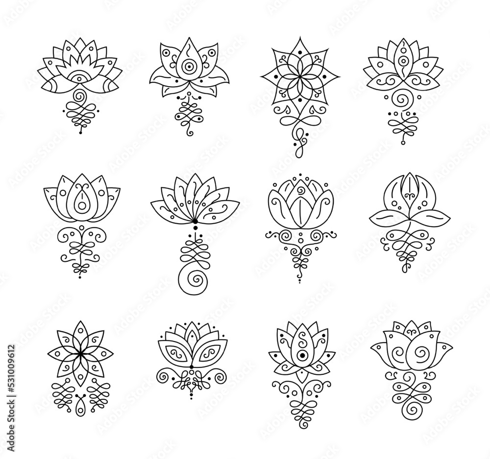 Unalome lotus. Bohemian flower tattoo, buddhism life path sign and zen geometry. Magic spiral and yoga ornament vector set Unalome lotus. Bohemian flower tattoo, buddhism life path sign and zen geometry. Magic spiral and yoga ornament vector set
