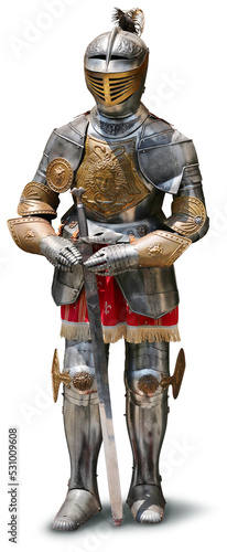 Medieval knight with sword in heavy armor harness photo
