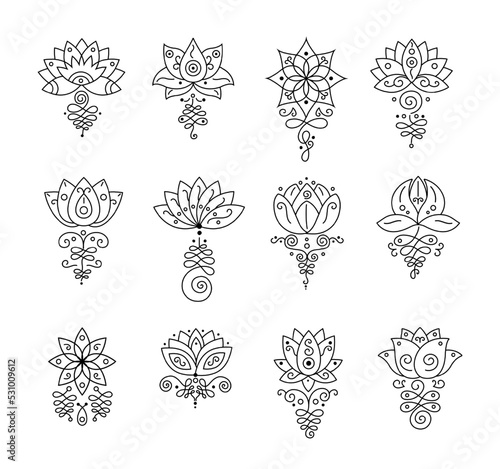 Unalome lotus. Bohemian flower tattoo, buddhism life path sign and zen geometry. Magic spiral and yoga ornament vector set