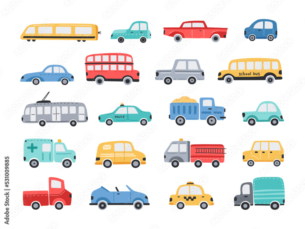 Funny cars. Colourful public transport, cute town vehicle for kids. City and school bus, taxi car and simple cab truck cartoon vector illustration set