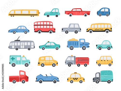 Funny cars. Colourful public transport, cute town vehicle for kids. City and school bus, taxi car and simple cab truck cartoon vector illustration set