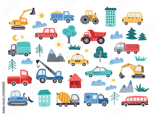 Cute cars. Construction vehicles and city transport. Hand drawn simple tractor, minimal excavator and funny lifting crane cartoon vector illustration set