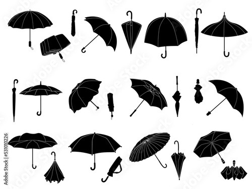 Stencil umbrellas. Folded parasol, open umbrella for rainy weather or sunshade. Different shape accessories black silhouette vector icon set photo