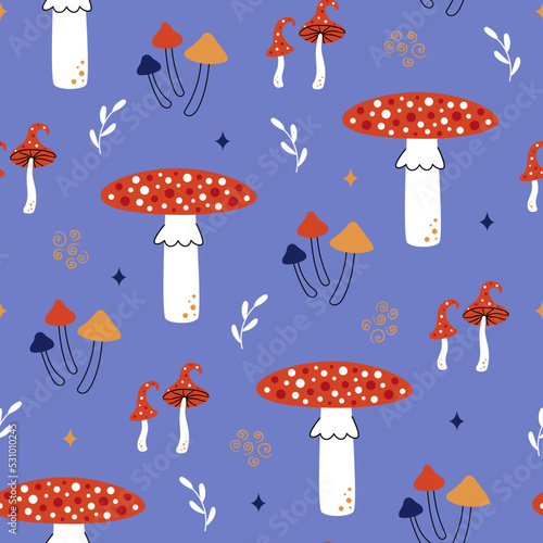 Fly agaric mushroom pattern . Cute autumn seamless background