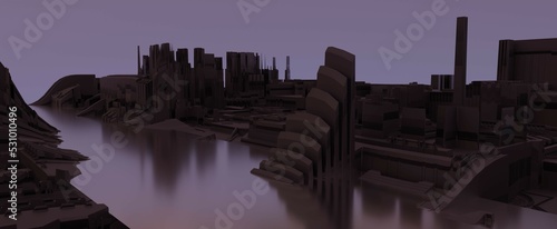 Abandoned futuristic city with river background. An empty techno metropolis with 3d render of water channel flowing through center at purple sunset. Abandoned colony on planet after apocalypse