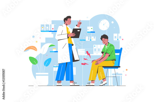 Guy with knee pain at doctors appointment, help medicine healthcare