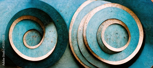 Corrugated steel abstract laser cutout circles, rusty damaged metal texture - fading and chipped industrial enamel paint in various shades of light blue. Highly detailed grunge background patterns. 