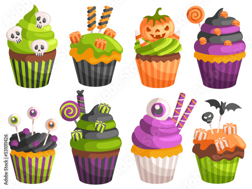 Halloween cupcakes. Spooky decorated muffins, themed small cakes for 31 October and scary dessert food cartoon vector illustration set