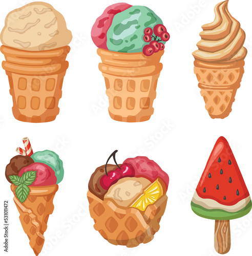 bright juicy ice cream set, sorbet symbol, ice cream vector illustration