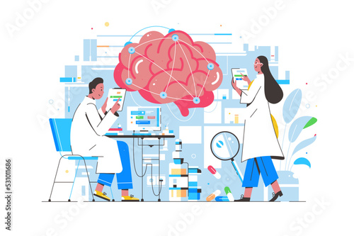 Laboratory scientist study human brain, teamwork healthcare