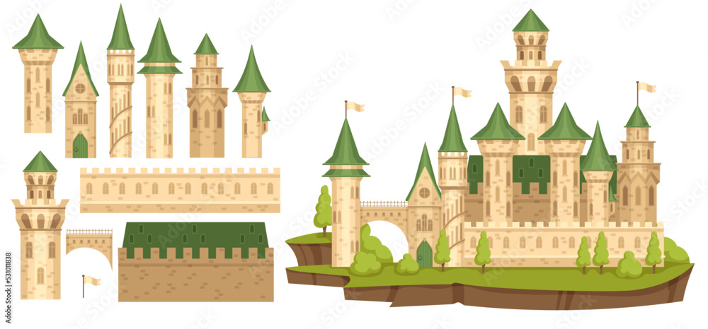 Medieval castle constructor. Old bastion, cartoon ancient tower creator and palace walls elements vector set