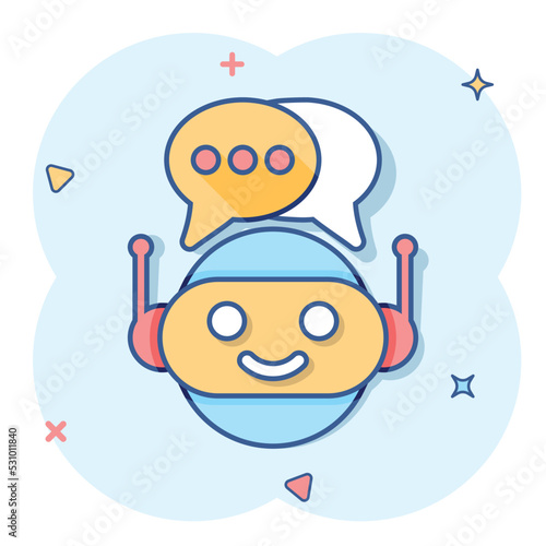 Cute robot chatbot icon in comic style. Bot operator vector cartoon illustration pictogram. Smart chatbot character business concept splash effect.