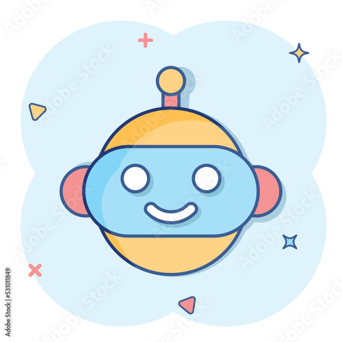 Cute robot chatbot icon in comic style. Bot operator vector cartoon illustration pictogram. Smart chatbot character business concept splash effect.