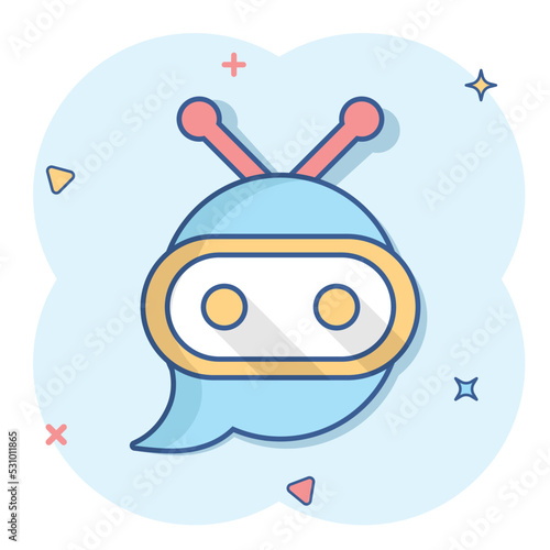 Cute robot chatbot icon in comic style. Bot operator vector cartoon illustration pictogram. Smart chatbot character business concept splash effect.