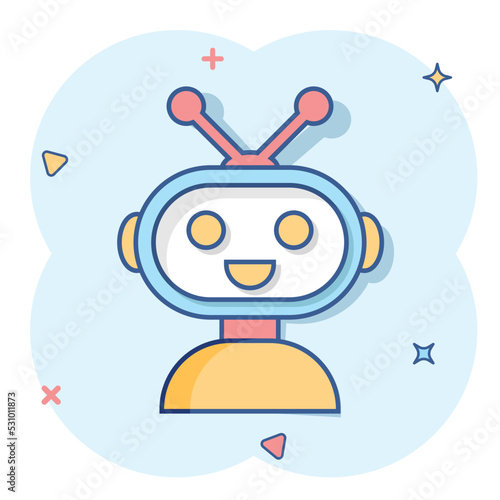 Cute robot chatbot icon in comic style. Bot operator vector cartoon illustration pictogram. Smart chatbot character business concept splash effect.