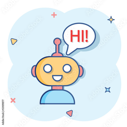 Cute robot chatbot icon in comic style. Bot operator vector cartoon illustration pictogram. Smart chatbot character business concept splash effect.