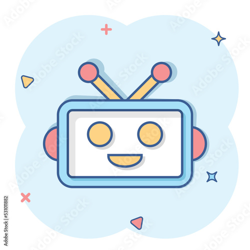 Cute robot chatbot icon in comic style. Bot operator vector cartoon illustration pictogram. Smart chatbot character business concept splash effect.