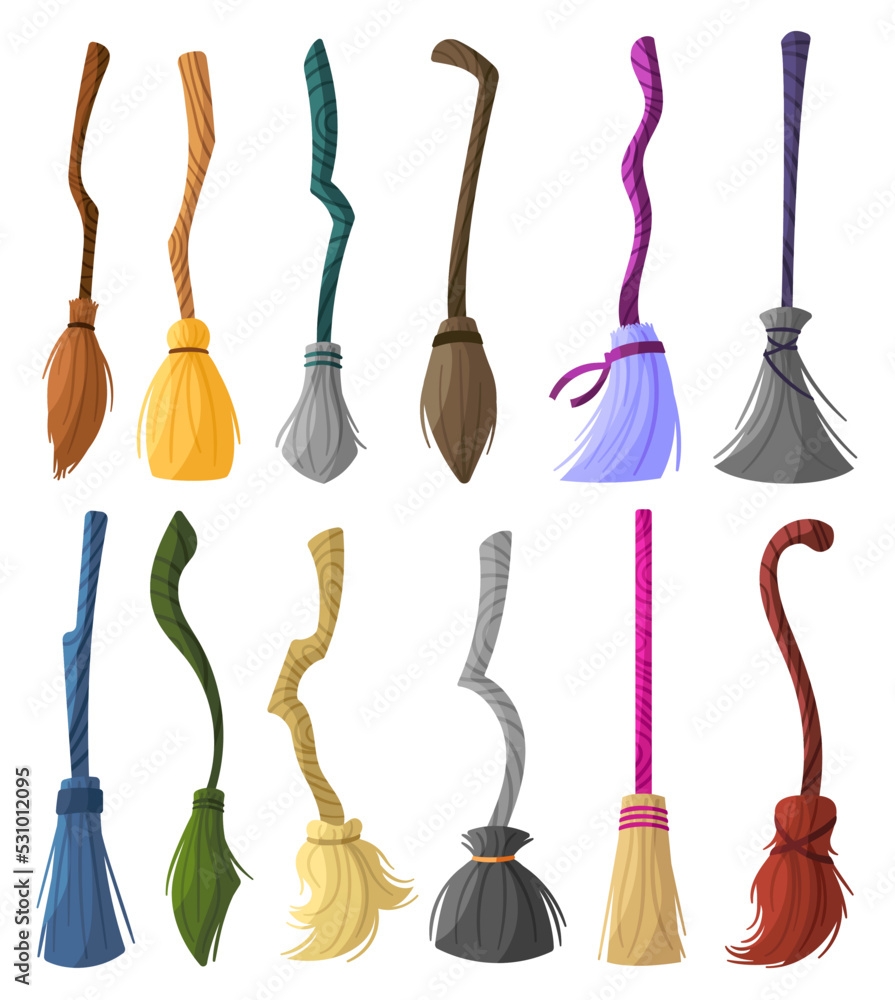 Witch brooms. Magic halloween broomstick, wizard broom and old wooden