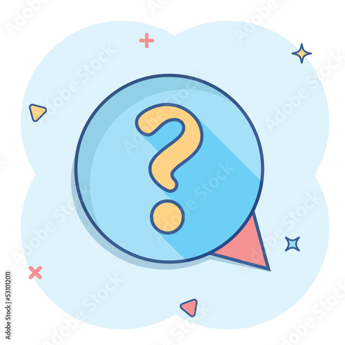 Question mark icon in comic style. Discussion speech bubble vector cartoon illustration pictogram. Question business concept splash effect.