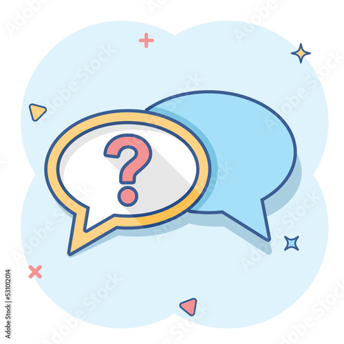 Question mark icon in comic style. Discussion speech bubble vector cartoon illustration pictogram. Question business concept splash effect.