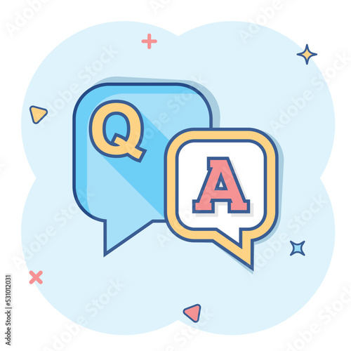Question and answer icon in comic style. Discussion speech bubble vector cartoon illustration pictogram. Question, answer business concept splash effect.