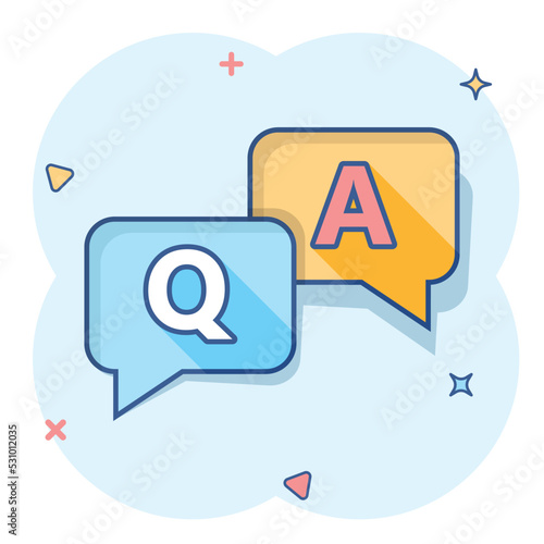 Question and answer icon in comic style. Discussion speech bubble vector cartoon illustration pictogram. Question, answer business concept splash effect.